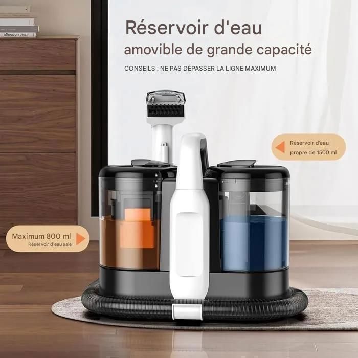 Nettoyeur détacheur portable - 500W/15 Kpa/Tuyau 1,3M - Cordon d'alimentation 3M - Réservoir 0,8L/1,5L - Aspirateur nettoyeur à eau