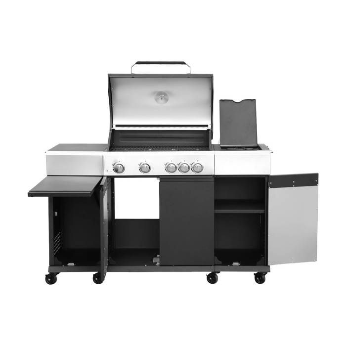 Barbacoa de gas de 4 quemadores + 1 quemador lateral, cocina exterior con estantes, termómetro y funda MAXIM.