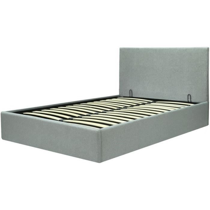 Cama con almacenamiento para adultos MARTIN - Superficie para dormir 140x190 cm - Gris claro - Base de láminas - Ancho 201 x Profundidad 146 x Alto 99 cm