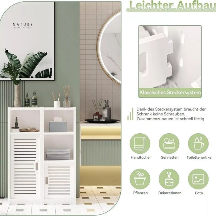 Armario de baño tipo columna con 2 compartimentos abiertos, 3 estantes, 1 puerta, armario multifuncional, 25x22x80cm, blanco