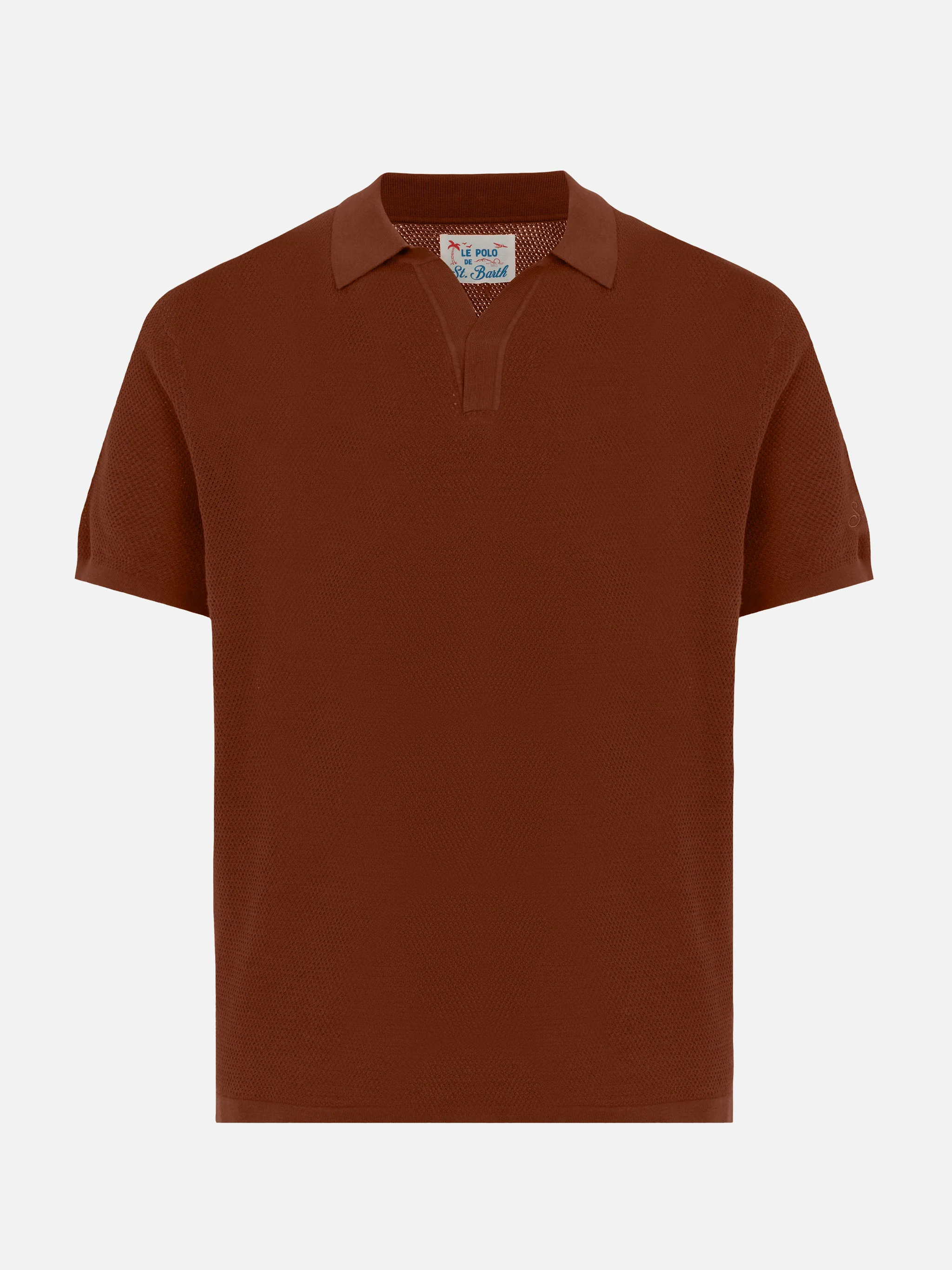Sloan poloshirt zonder knoopjes in camelkleurige gebreide stof