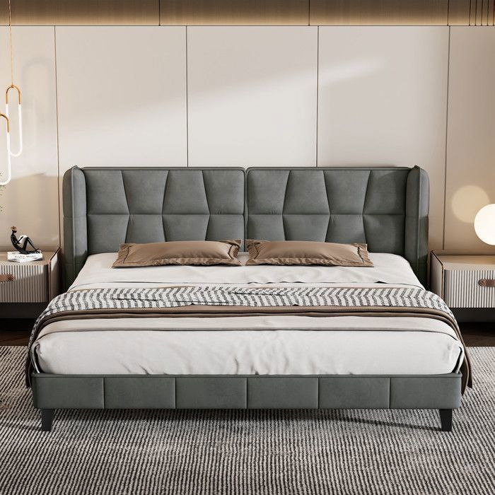 Tweepersoonsbed 180x200 cm - Grijs fluweel - Inclusief hoofdbord - Lattenbodem - Eenvoudige montage