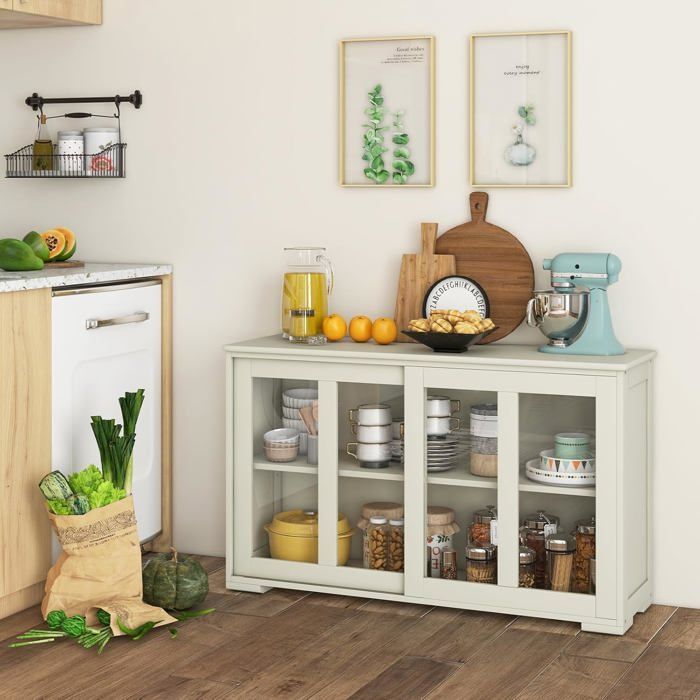 Aparador de cocina COSTWAY, mueble de almacenamiento de cocina, aparador con puerta corredera de cristal templado en madera beige.