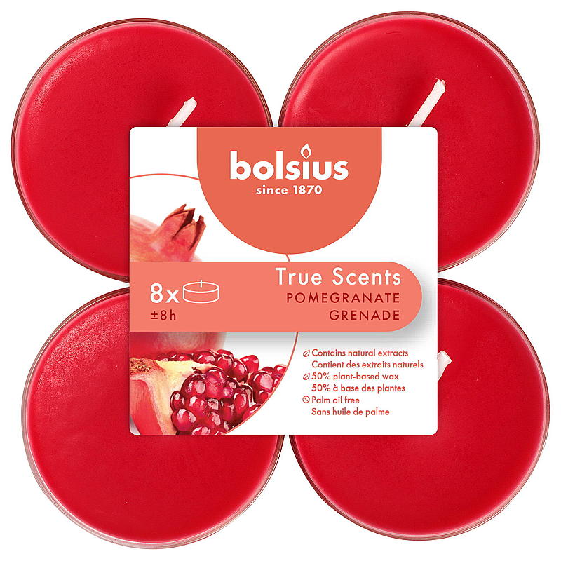 Bolsius, confezione maxi da 8 lumini, 8 ore di durata, profumo di melograno