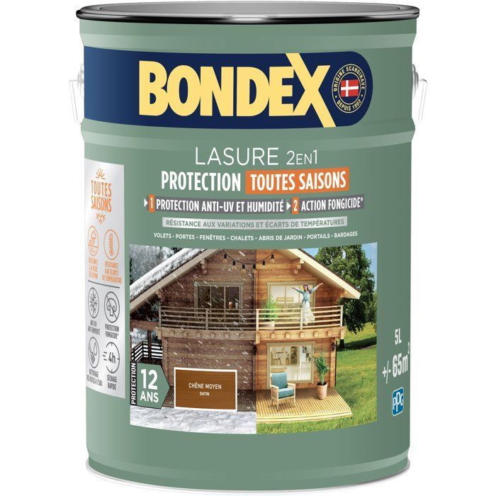 Tinte para madera exterior 2 en 1 - Roble oscuro - Acabado satinado - Protección de 12 años - Para todas las estaciones - Bondex - 5 litros