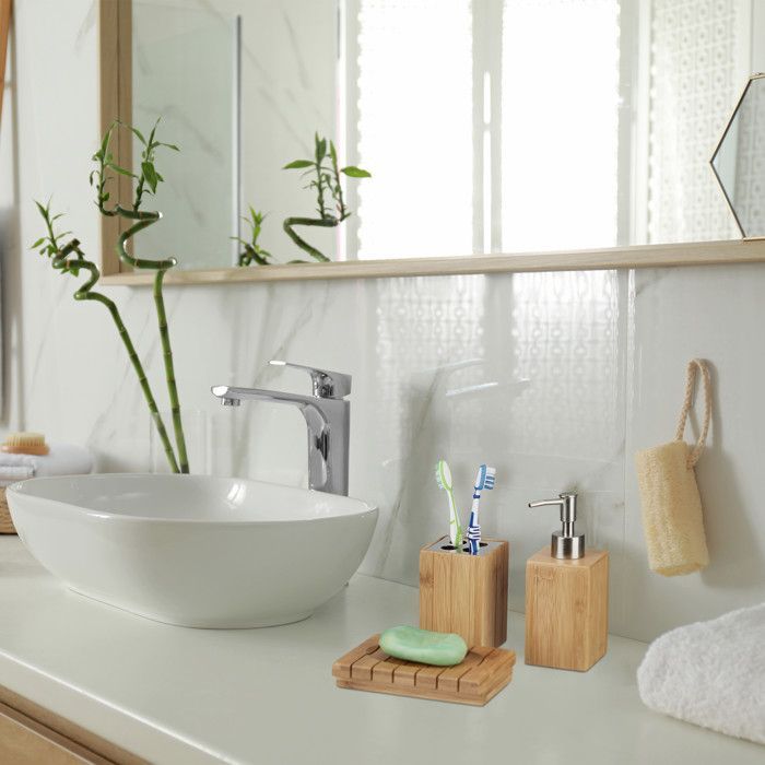 Relaxdays Bamboo Bathroom Accessories Set, 3 Pieces: Soap Dispenser, Tumbler, Toothbrush Holder, Soap Dish, Natural