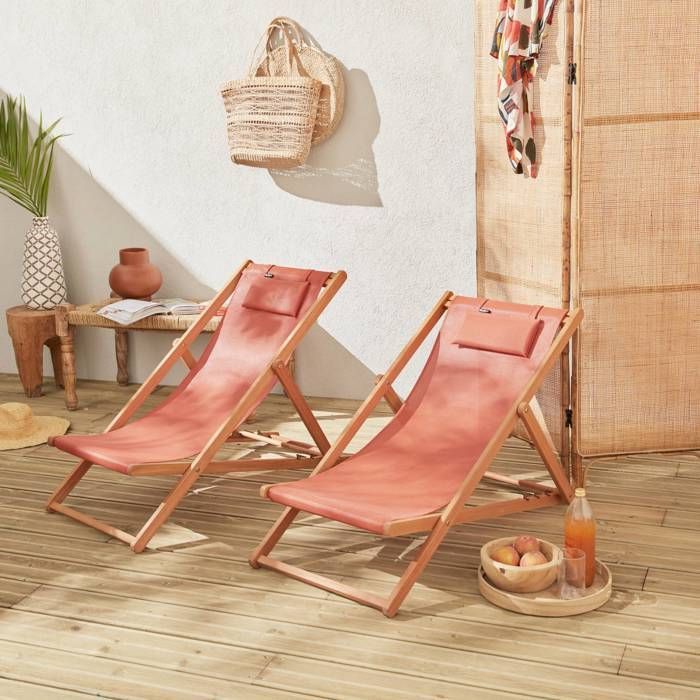 Liegestühle aus Holz - Creus - 2 geölte Eukalyptusholz-Sonnenliegen mit Kopfstützenkissen aus Terrakotta