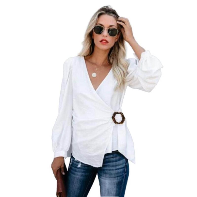 Camisa europea americana nueva y sexy con cuello en V, color liso, botones cuadrados y nudo, moda de verano y otoño, camisa de manga larga para mujer 2020