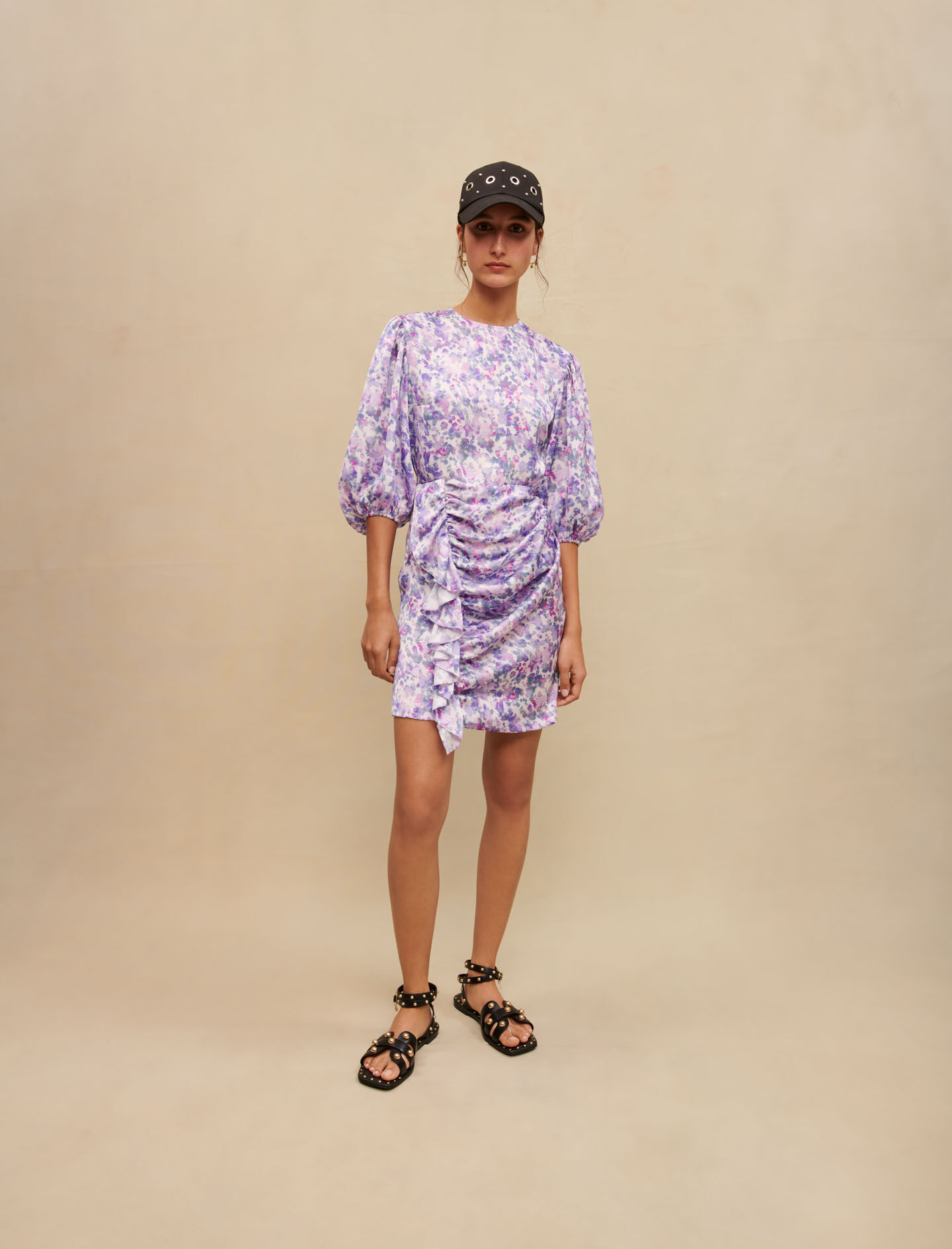 Korte gedrapeerde jurk met bloemen - Fleurs buvard