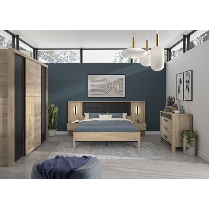 Cama adulta con mesitas de noche paneladas - MAXIMIN - 140 x 190 cm - Roble Krönberg claro - GAMI