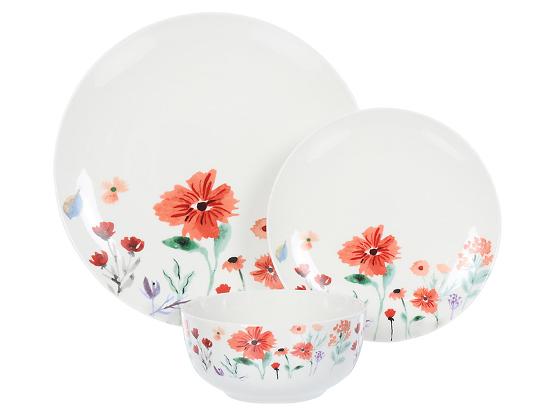 Komplet obiadowy 18 el. porcelanowy Fiori biało-czerwony