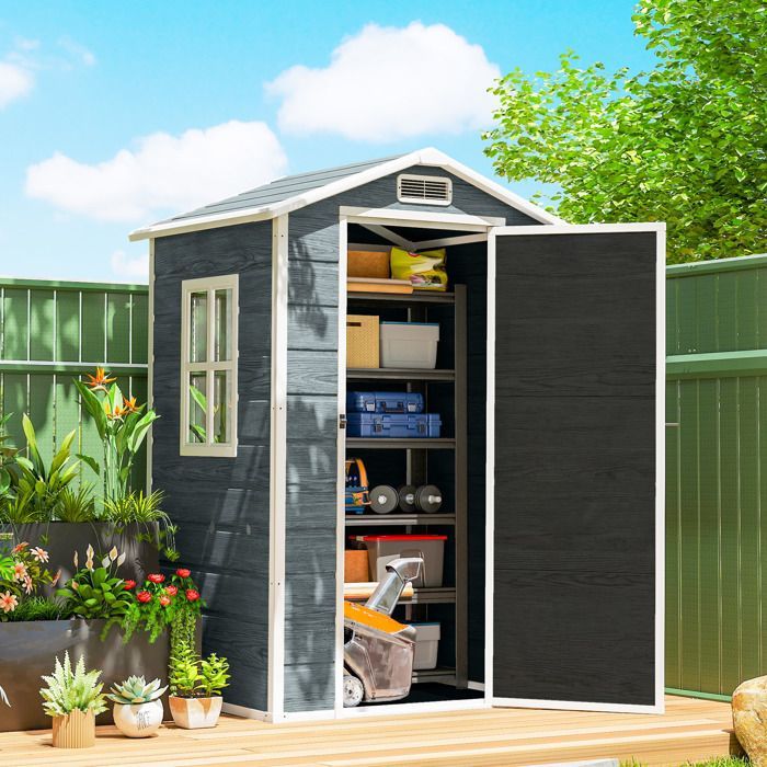 Tuinhuisje - berging - Outsunny - vloer, raam en puntdak - gemaakt van hars met houtlook - 128x104x196cm - grijs