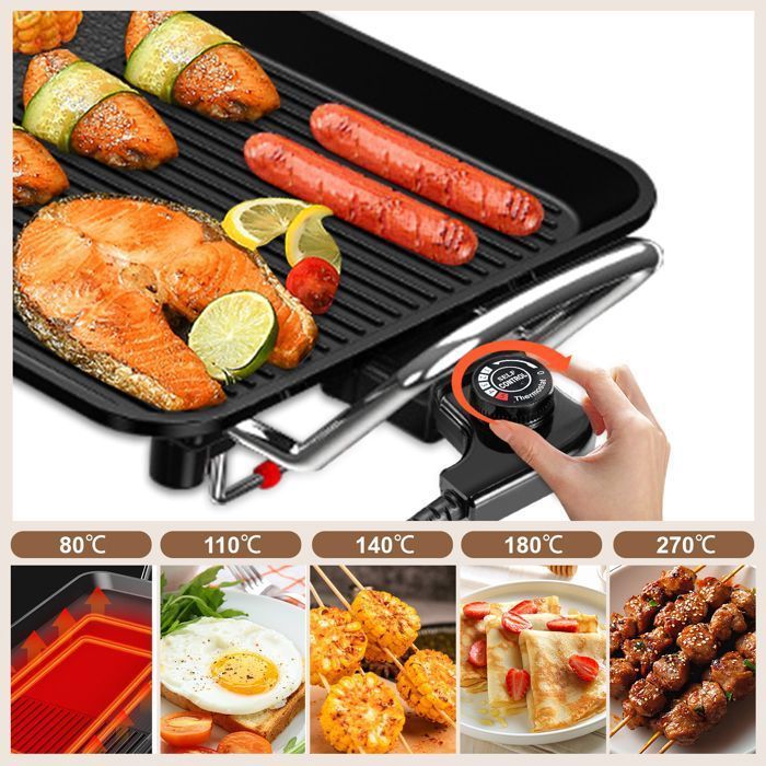 Plancha électrique 1350W,  Revêtement Antiadhésif, Surface mixte, Thermostat réglable - 48*28cm