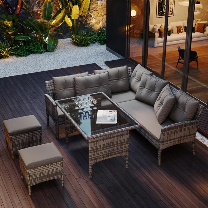 Conjunto de muebles de jardín de ratán sintético para 7 personas: 2 sofás, 2 taburetes y 1 mesa de centro. Estructura de acero. Color gris.