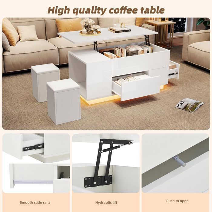 Mesa de centro blanca ajustable de 100x50x45 cm con LED - 2 cajones, espacio de almacenamiento y soporte de 50 kg - Conjunto 4 en 1 con otomana
