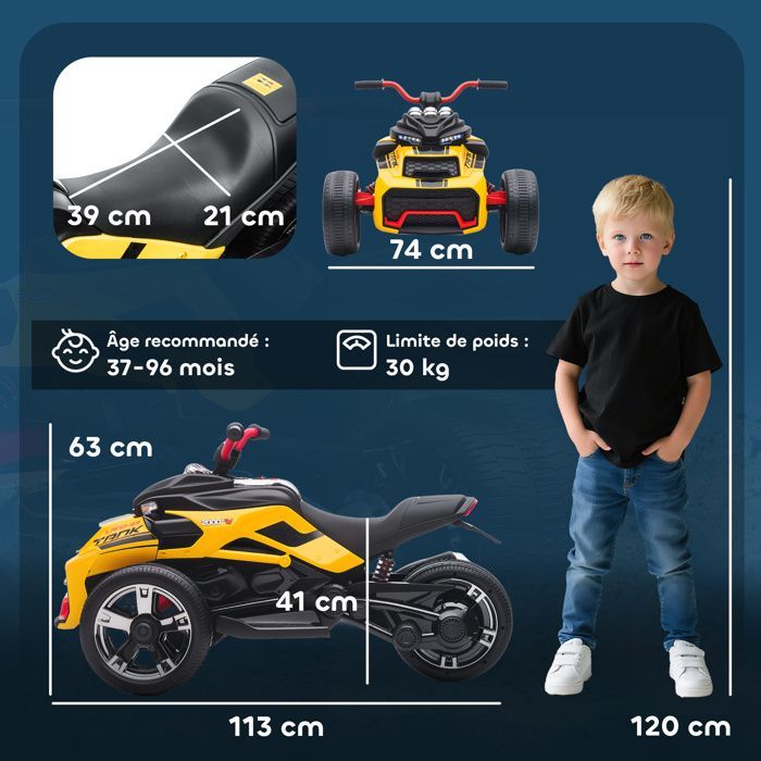 Quad eléctrico infantil - Coche eléctrico para niños - AIYAPLAY - 12V, 3 ruedas, 2 motores, reproductor MP3 - 113 x 74 x 63 cm - Amarillo