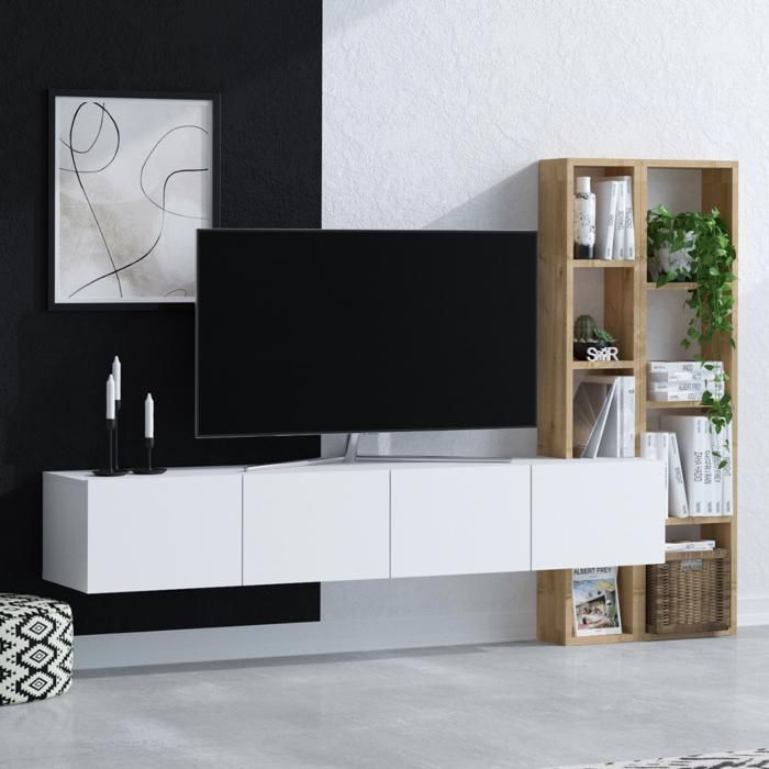 CALICOSY - Meuble TV suspendu 4 portes blanc et étagère chêne L182 cm - PANA - Blanc