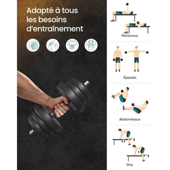 Juego de 2 mancuernas ajustables (10 kg, 20 kg) con barra de extensión adicional y 12 discos de peso de SONGMICS.