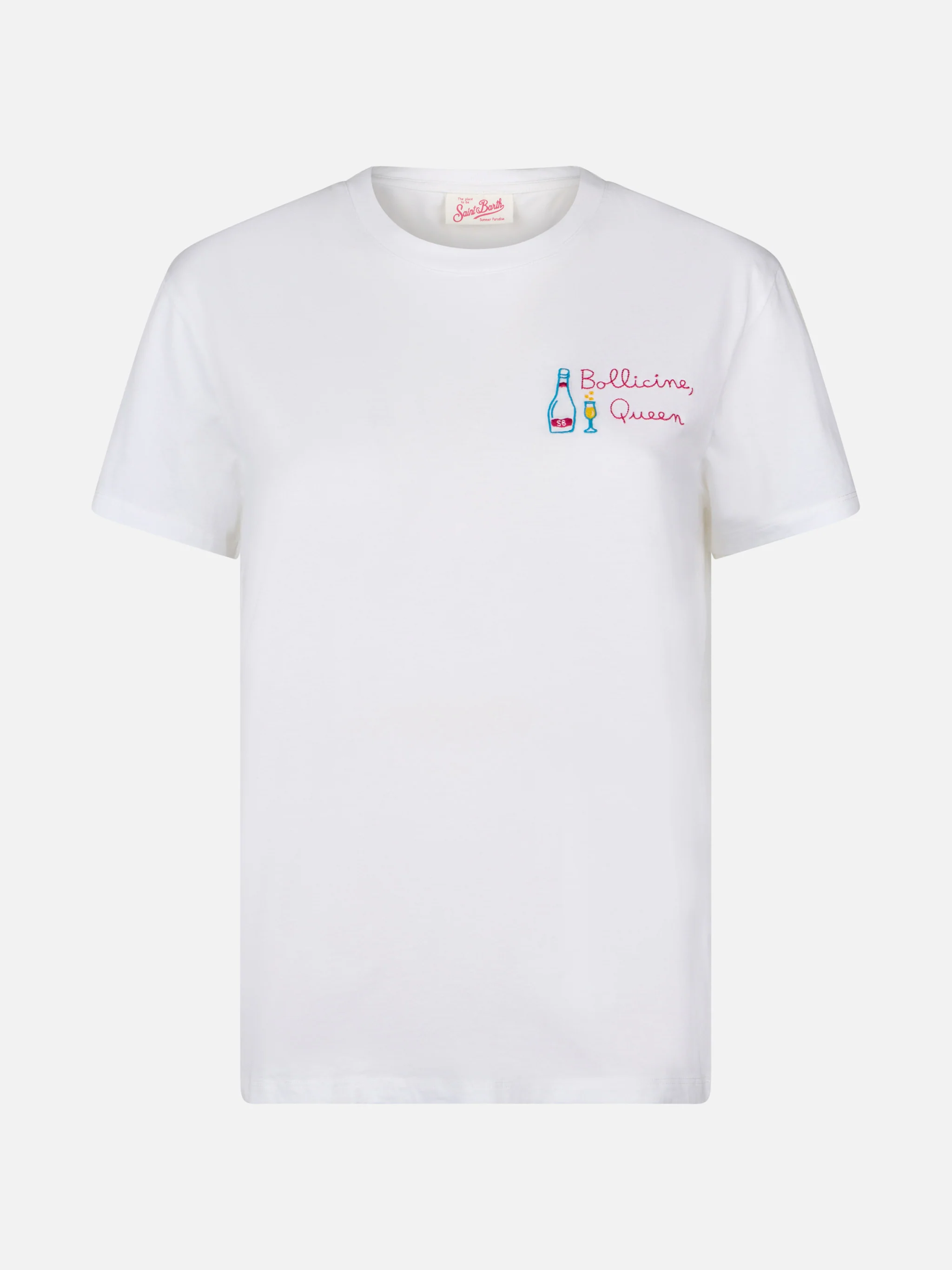 Emilie dames T-shirt met ronde hals, gemaakt van witte katoenen jersey, met borduurwerk.