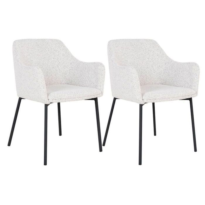 LOANA - Juego de 2 sillas de comedor en tela bouclé jaspeada blanca con patas de metal negro