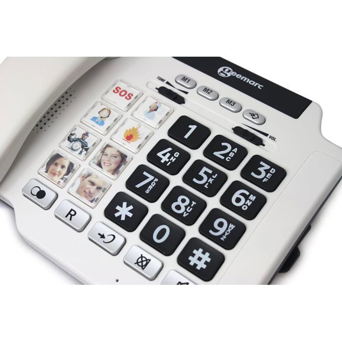 Téléphone fixe amplifié pour séniors - SUTEO - Photophone 100 - Filaire - Blanc - Touches photo personnalisables