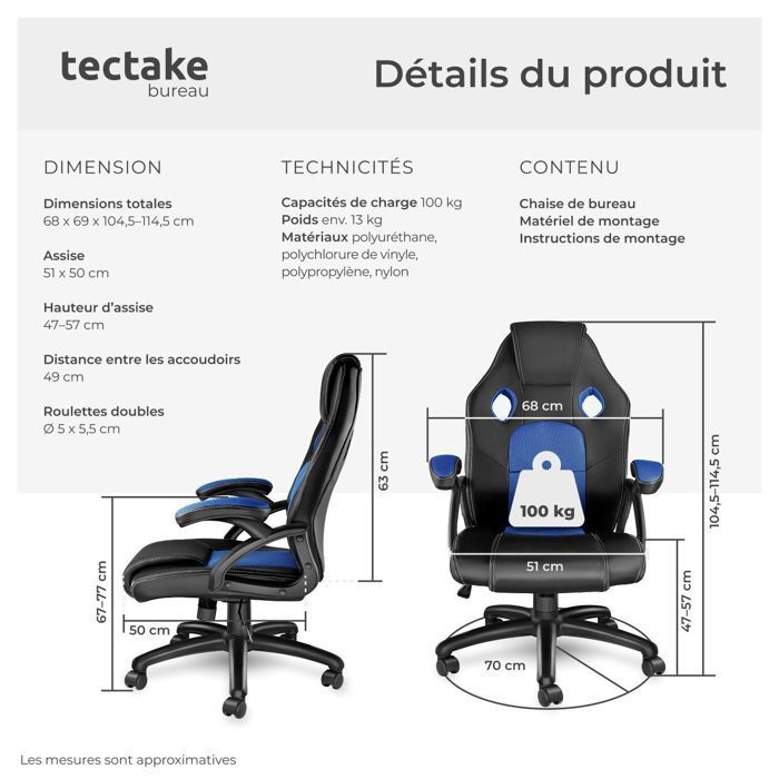 Office chair - TECTAKE - MIKE gaming executive chair with thick padding and synthetic leather upholstery - Black/Blue