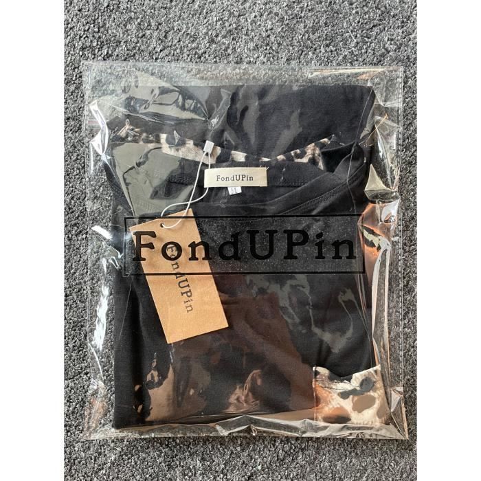 Camiseta de mujer - FONDUPIN - Cuello redondo - Hombros descubiertos - Estampado de leopardo - Negra