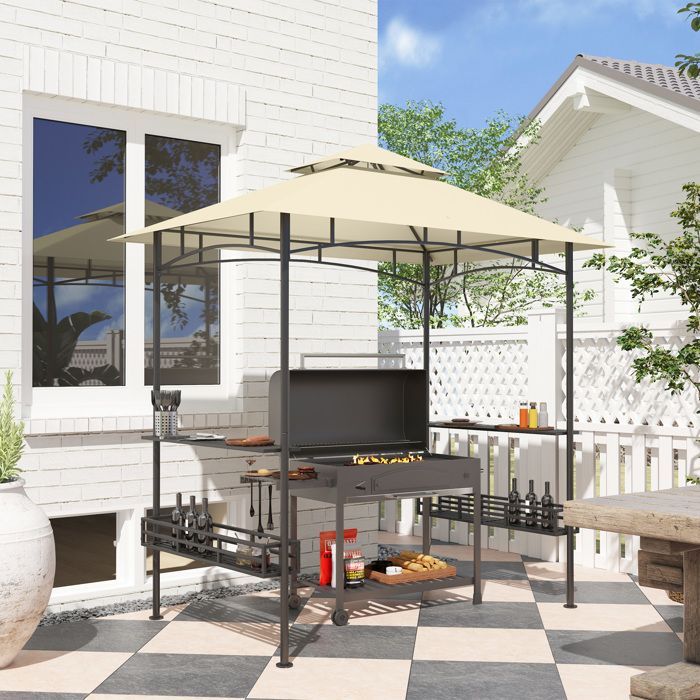 Tonnelle de barbecue - Outsunny - crochet au plafond - étagères et paniers de rangement - métal galvanisé 240 x 150 x 257 cm - beige