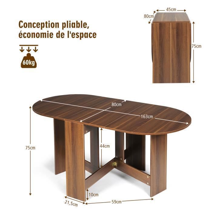 GIANTEX Table de Salle à Manger Pliable en Bois,Table de Cuisine Extensible Multi-Usage pour 4-6 Personnes,163 x 80 x 75CM