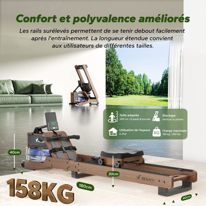 Rameur à eau pliable - MERACH - 15 L - 6 repères de remplissage - Connectivité APP - Ecran LCD - Max 150kg - Bois d'hévéa foncé