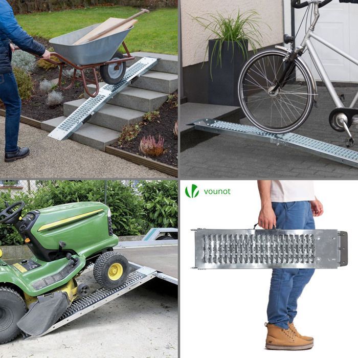 VOUNOT® Juego de 2 rampas de carga plegables, 160 cm, acero galvanizado - Carga máxima 400 kg - Rampa de acceso antideslizante con asa