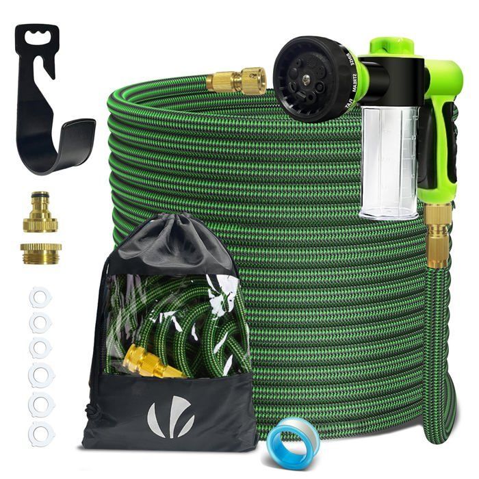 Manguera de jardín extensible reforzada VOUNOT® de 30 m, color verde, con depósito de jabón - 8 modos - Conector y bolsa de almacenamiento incluidos