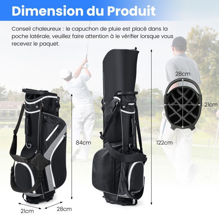 COSTWAY Tripod Golf Bag - Rainproof Hood - 14-Way Top Dividers - 6 Pockets - Insulated Bag - Double Straps - Grey