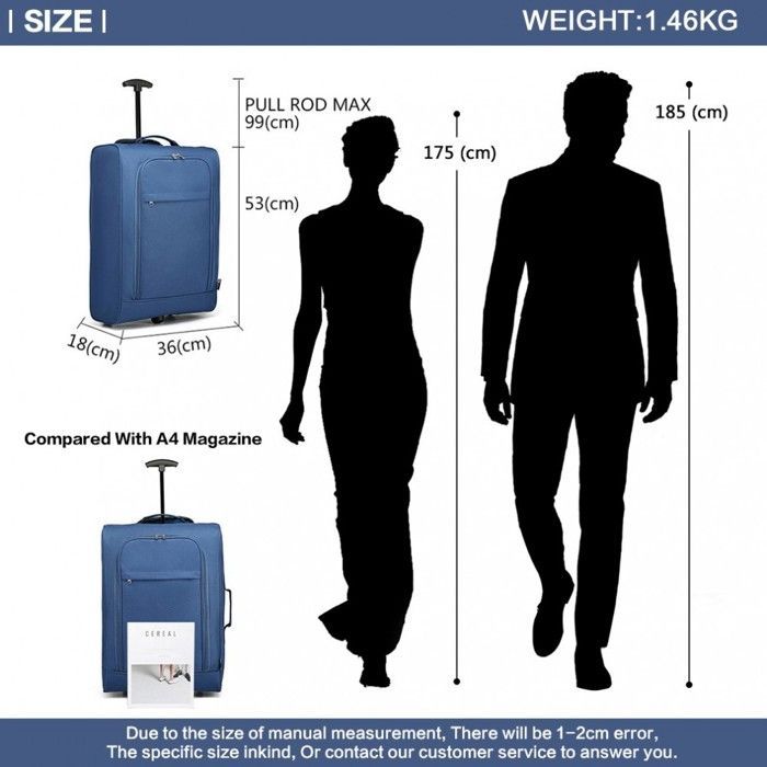 Kono Valise Cabine 53x36x18cm Souple Légère à 2 roulettes Bagage à Main Avion Valise de Voyage Bagages en Polyester 600D, (Marine)