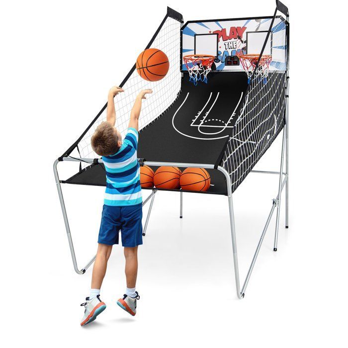 Juego de baloncesto plegable COSTWAY con 2 aros, 4 pelotas, bomba de inflado, sistema de puntuación, 8 modos, de 1 a 4 jugadores, color blanco.