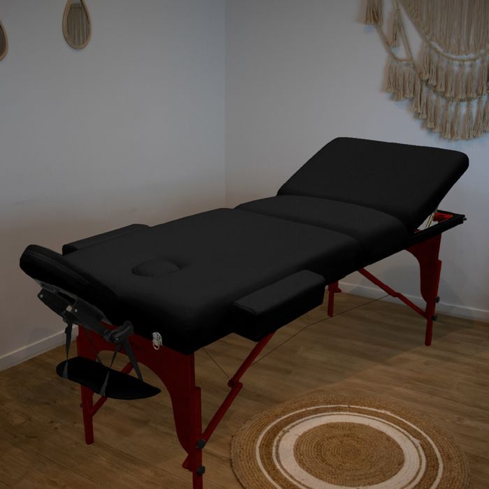 Table de massage 15 cm pliante 3 zones en bois foncé avec panneau Reiki + Accessoires et housse de transport - Noir - Vivezen