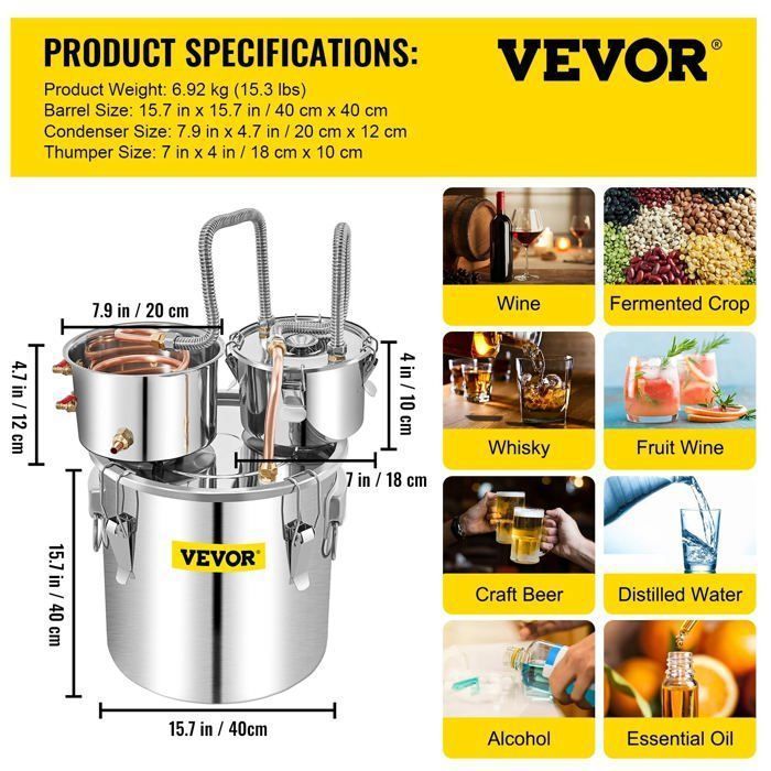 Destilador de alcohol, 20 L, para elaboración de cerveza, acero inoxidable, enfriamiento rápido, plata