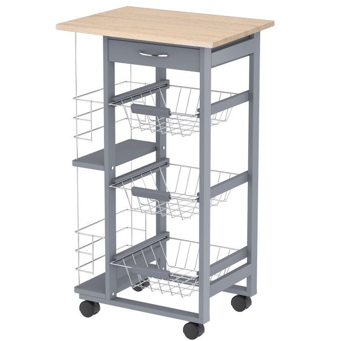 Chariot de service - HOMCOM - desserte cuisine roulettes 3 paniers métal tiroir 2 range-bouteilles - bois pin - gris