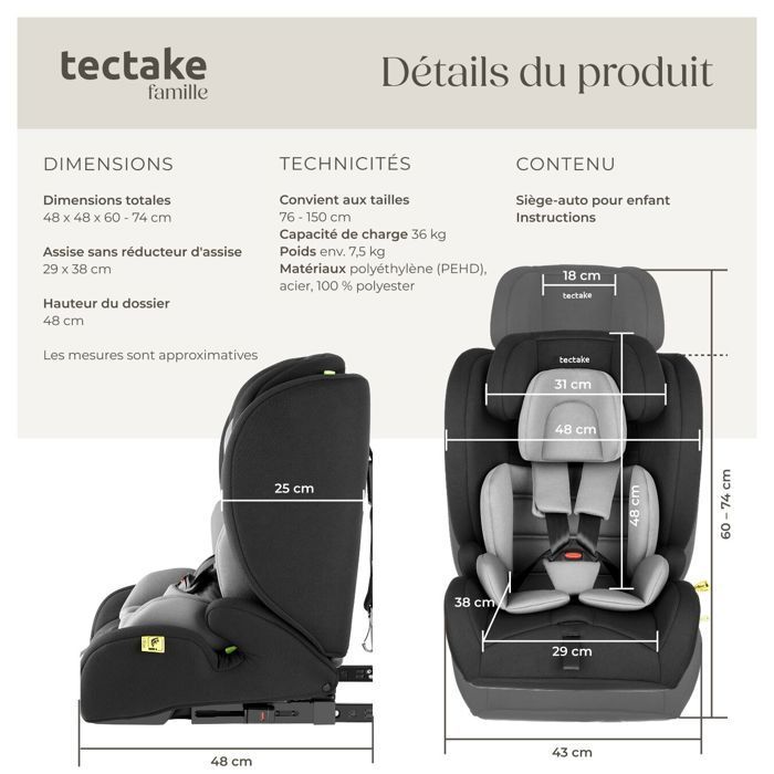 Silla de coche TECTAKE EMELY con arnés de 5 puntos, estándar i-Size y base ISOFIX.
