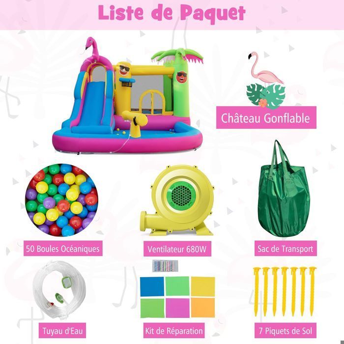 Château Gonflable Tropicale 6 en 1 DREAMADE avec Toboggan, Zone de Saut, Piscine et 50 Balles Océaniques