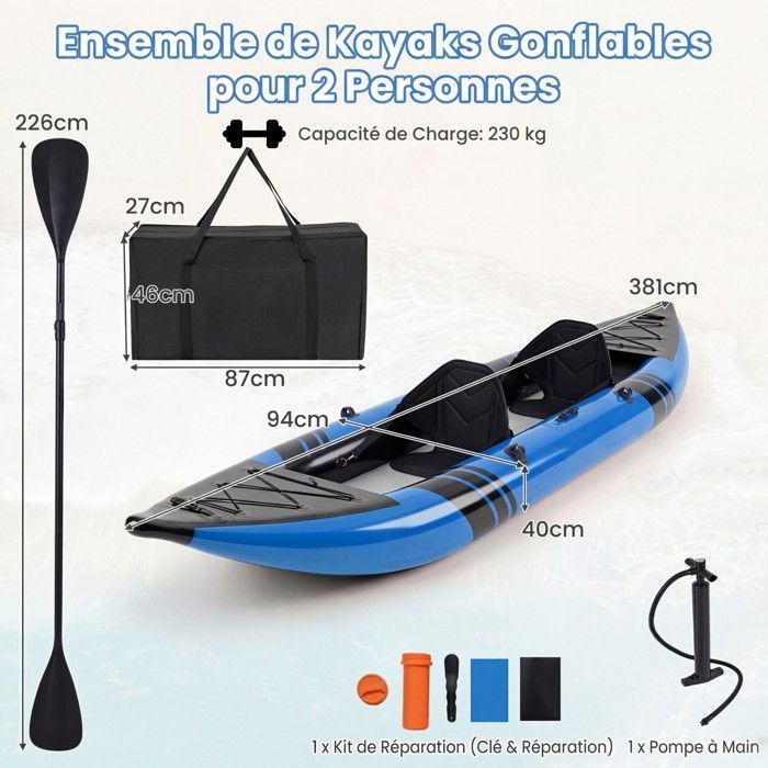 Kayak hinchable COSTWAY para 2 personas, 381x94x40cm - 2 remos de aluminio, 2 aletas desmontables, kit de reparación - Bomba manual - 230 kg - Azul