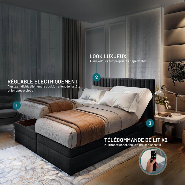 Letto matrimoniale ADÈLE - materasso e base elettrica regolabile - 180x200 cm - velluto nero