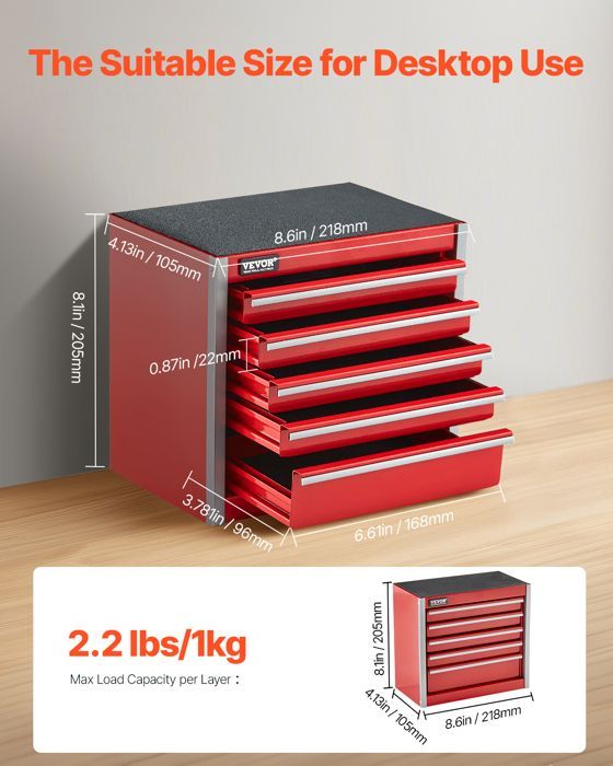Caja de herramientas metálica VEVOR - 218 mm - Caja de herramientas portátil de acero con 5 cajones, cofre de herramientas pequeño - Rojo