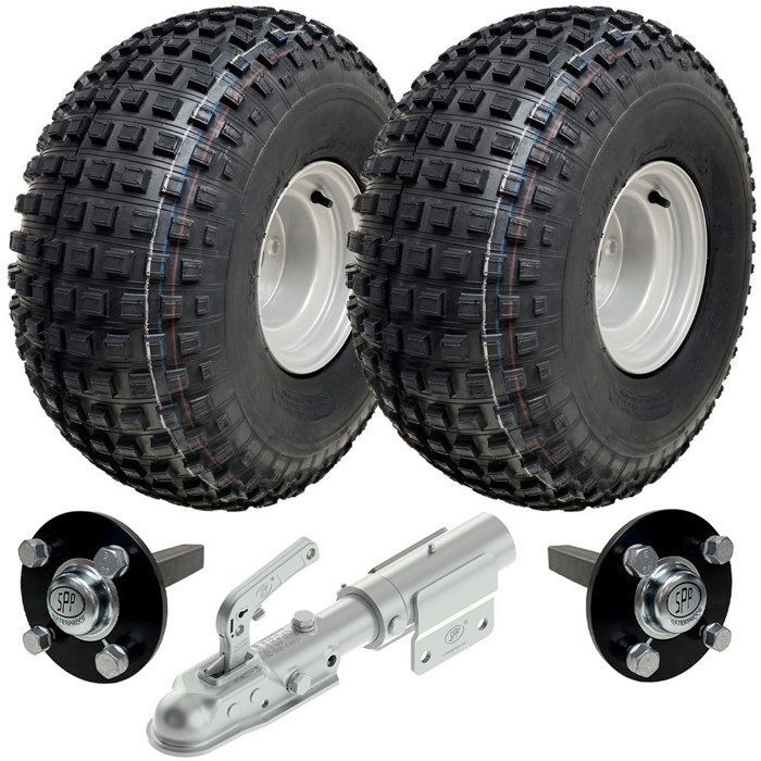 Parnells Kit de remolque para ATV con ruedas + buje - Kit + enganche giratorio, 310 kg, son neumáticos Wanda P323 de 4 capas y 22x11.00-8 con abolladuras.