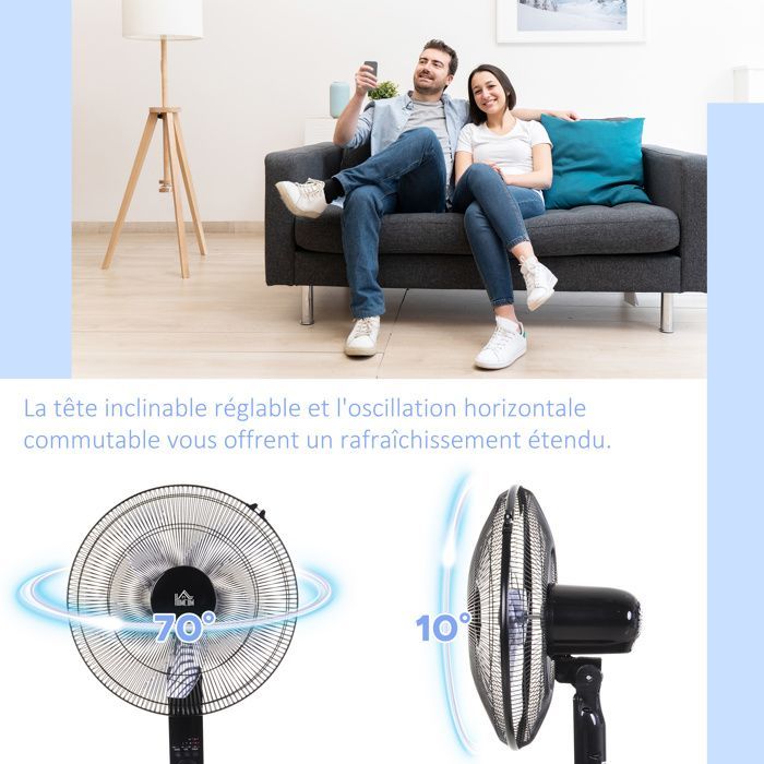 Ventilador de pedestal potente - HOMCOM - 45 W - altura regulable de 110 a 124 cm - mando a distancia - 3 velocidades, oscilación y temporizador
