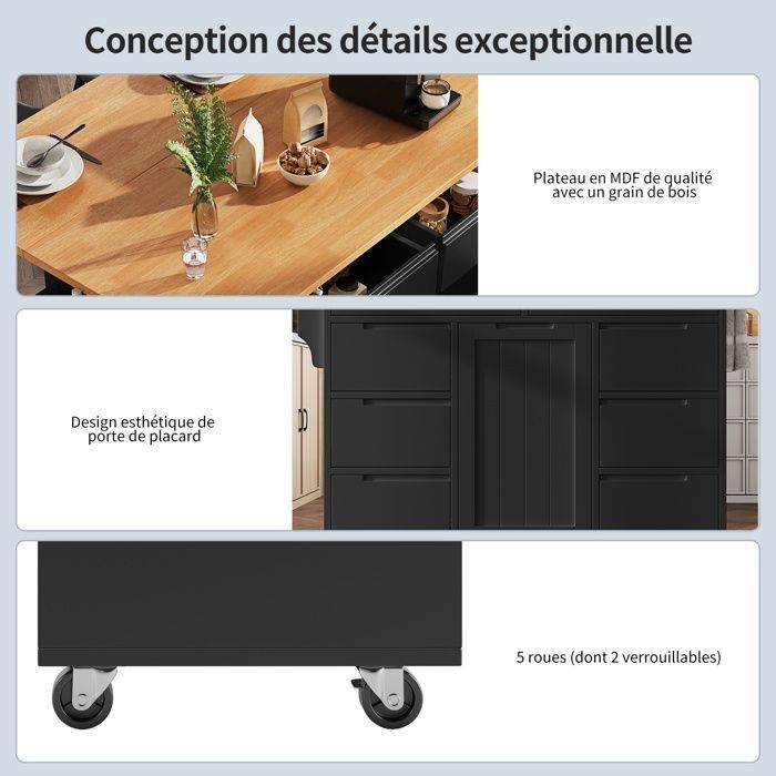Carrito de cocina - TKOPY - Isla de cocina rodante con 8 cajones y especiero - 122x74,5x91,5cm - Negro