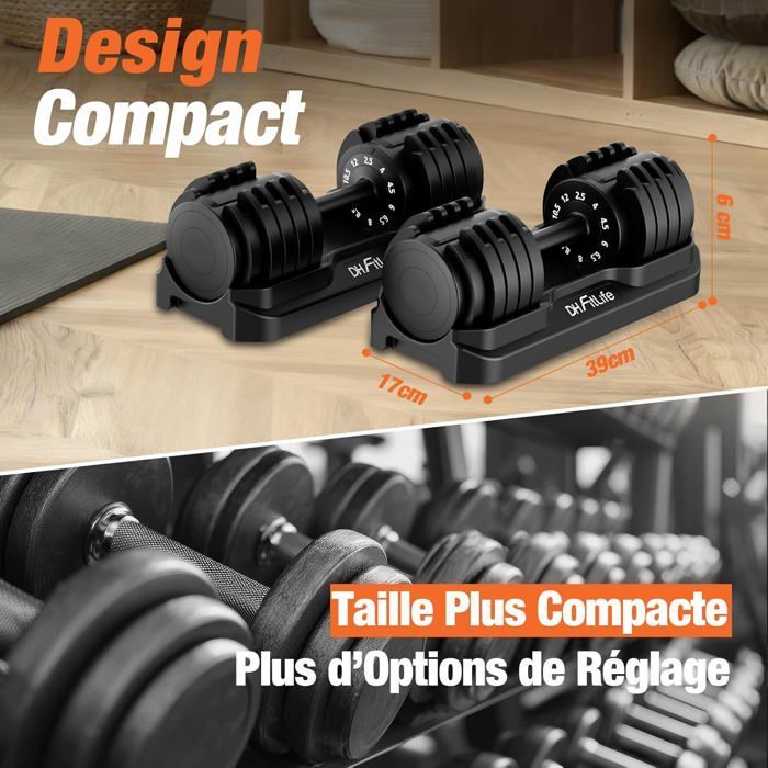 DH FitLife Haltères réglables 12kg, 2,5-12kg, 10 niveaux de poids, set avec disques, 10 en 1