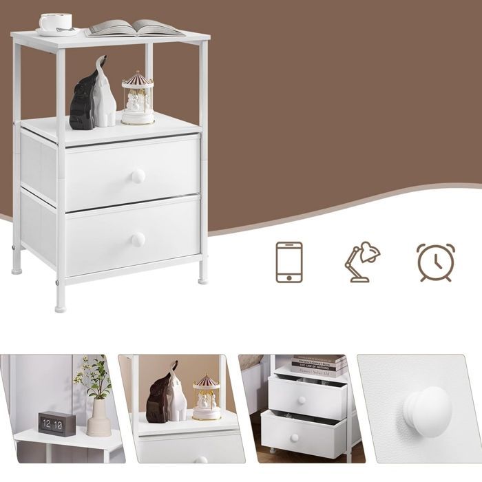 Mesita de noche EUGAD, 2 cajones de tela, mesa auxiliar moderna, madera y metal, blanca E0EG0072