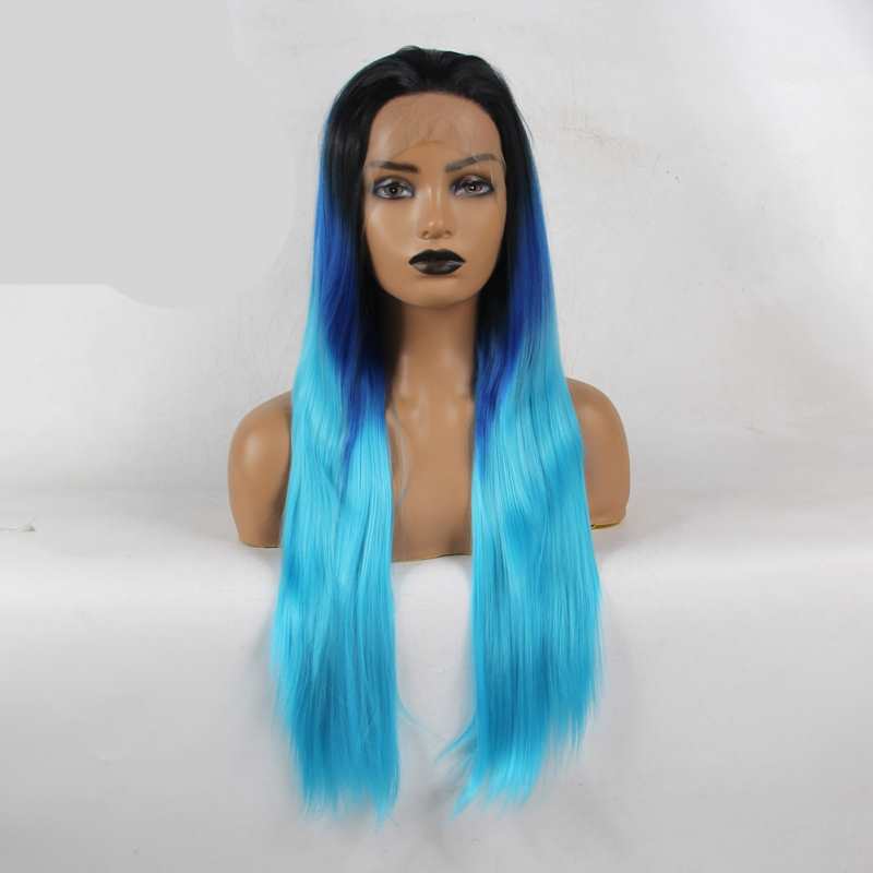 Ombre Blue Color Synthetic Hair Lace Front Wigs for Women Natural Hairline for Cosplay Glueless Lace Wigs