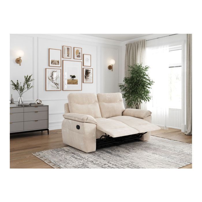 Canapé de relaxation manuel ROSS 2 places en velours côtelé - Beige - L160 x P100 x H102cm - LOUNGITUDE